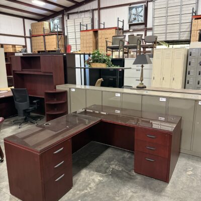 66" X 78" Glass Top Mahogany Double Ped L-Desk