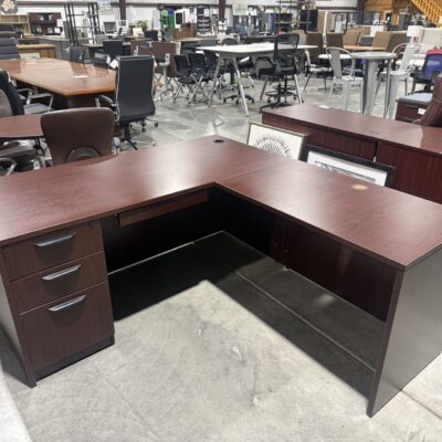 65" X 71" Single Pedestal Mahogany L-Desk