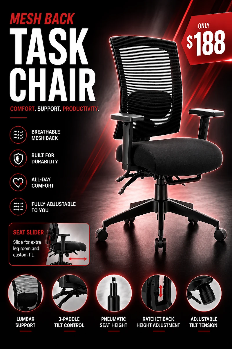 Meshback Task Chair on sale for $188 during the month of June Meshback Task Chair on sale for $188 during the month of June