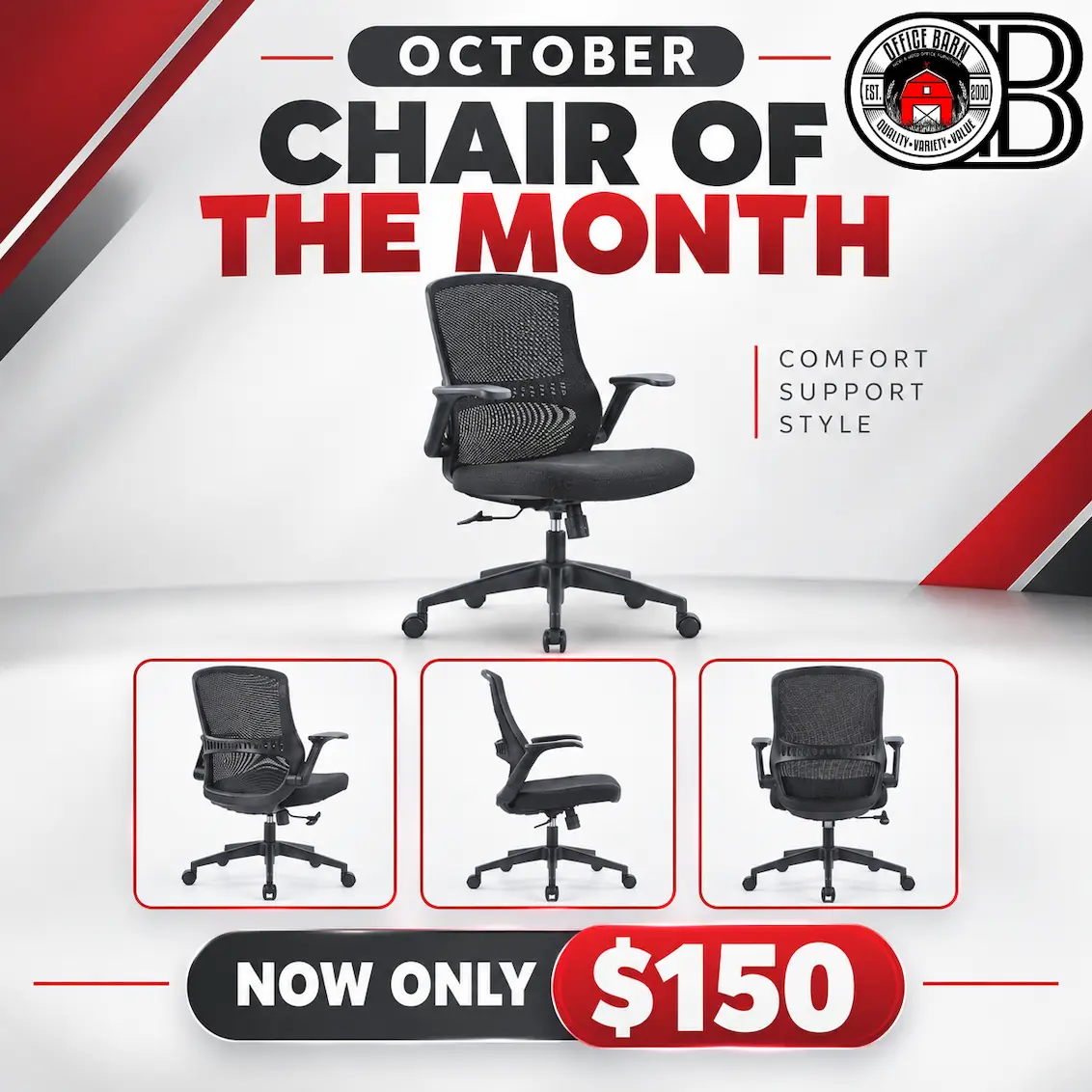 October Special—Seating Star flip arm mid-back mesh task chair for $150 October Special—Seating Star flip arm mid-back mesh task chair for $150